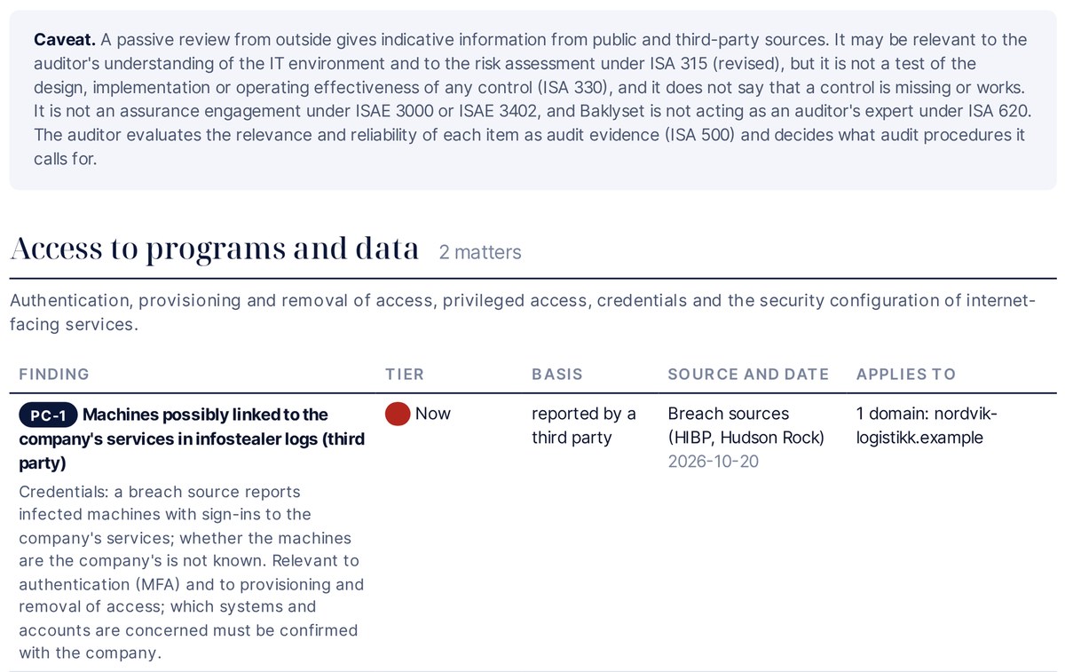 The report's IT general controls section: the caveat and the area access to programs and data, with each finding, its basis, source and date.