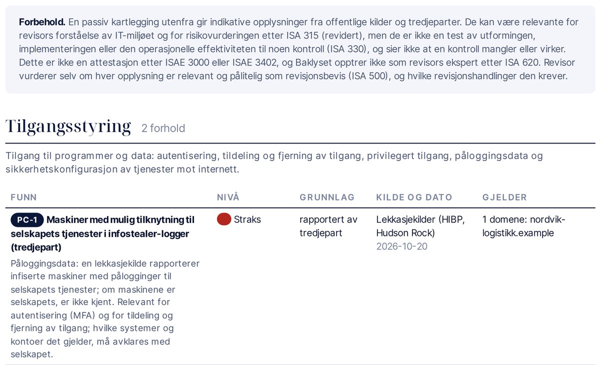 Rapportens avsnitt om generelle IT-kontroller: forbeholdet og området tilgangsstyring, med hvert funn, grunnlag, kilde og dato.