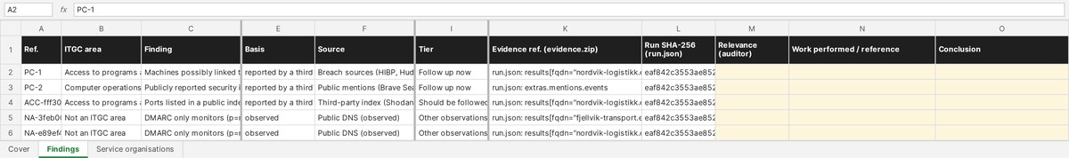 The workpaper in Excel: the first rows of the findings sheet, with the auditor's own columns for relevance, work performed and conclusion.